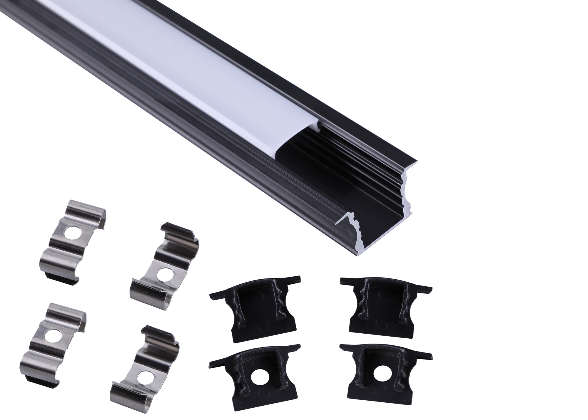 Tiras 2m, 17 x 15.3mm Black Recessed Aluminium Profile With Diffuser And Accessories